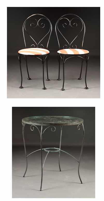 Appraisal: Painted wrought-iron and glass-top three-piece patio set circular-form table with