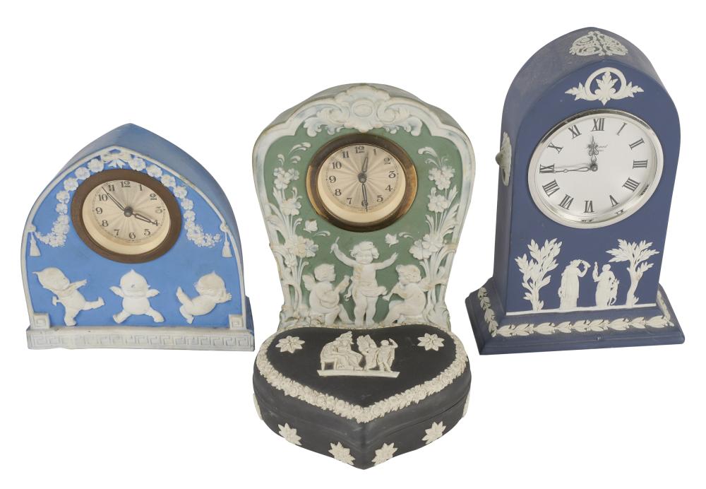 Appraisal: GROUP OF PORCELAIN CLOCKS BOXcomprising a heart-shaped black jasperware box