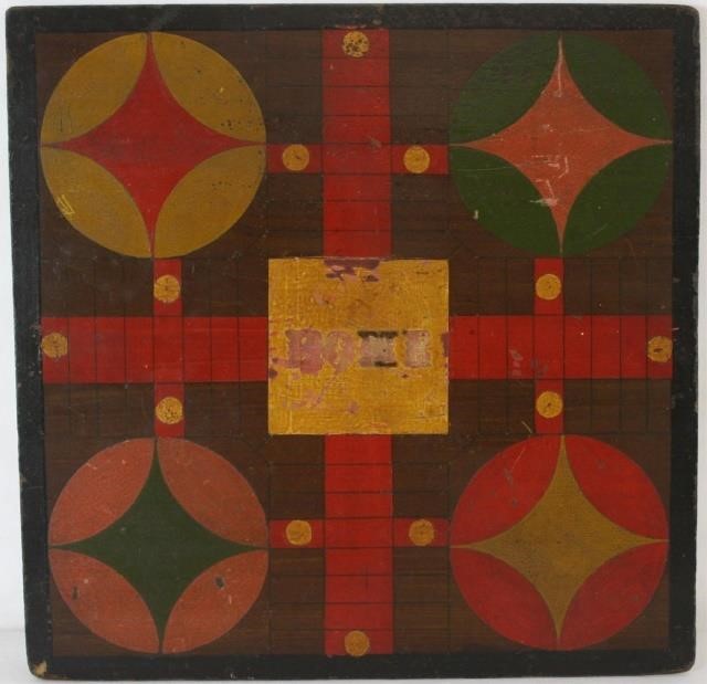 Appraisal: LATE TH CENTURY POLYCHROME PAINTED GAME BOARD PARCHEESI AND CHECKERS