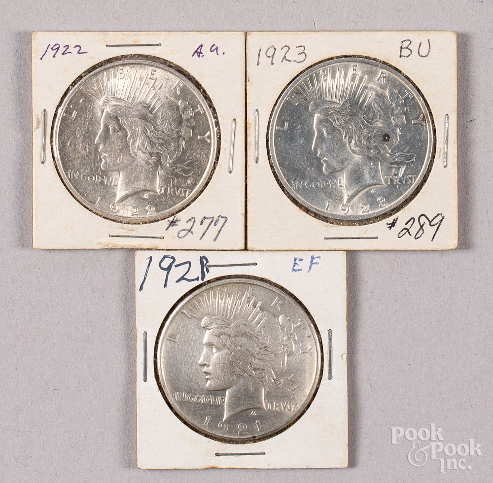 Appraisal: Three Peace silver dollars Three Peace silver dollars In-House shipping