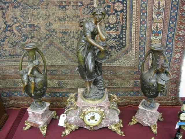 Appraisal: French Victorian Figural Bronze Mantle Clock Set '' tall clock