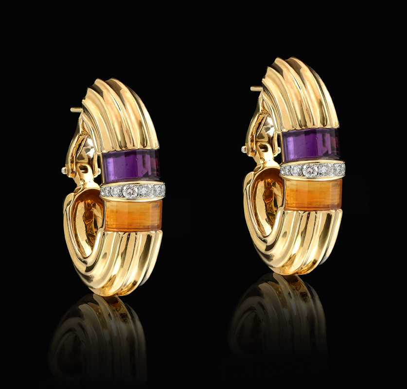 Appraisal: K GOLD DESIGNER EARRINGS WITH CITRINE AMETHYST AND DIAMONDS Four