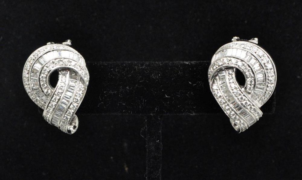 Appraisal: Pair K White Gold Diamond Earrings in ribbon design dwt