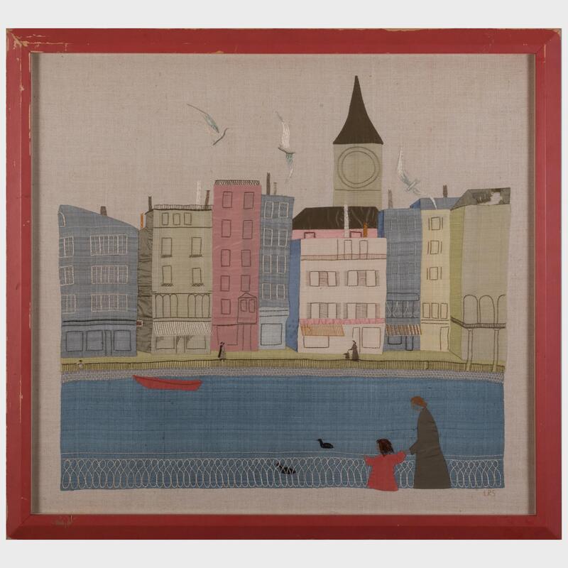 Appraisal: Large Needlework Panel of a Seaside Town x in framed