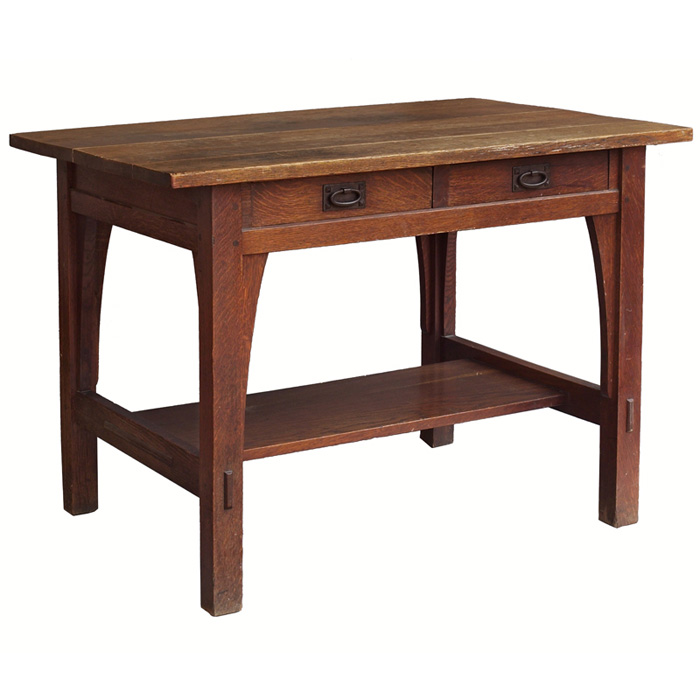 Appraisal: Gustav Stickley library table rectangular top over two drawers and