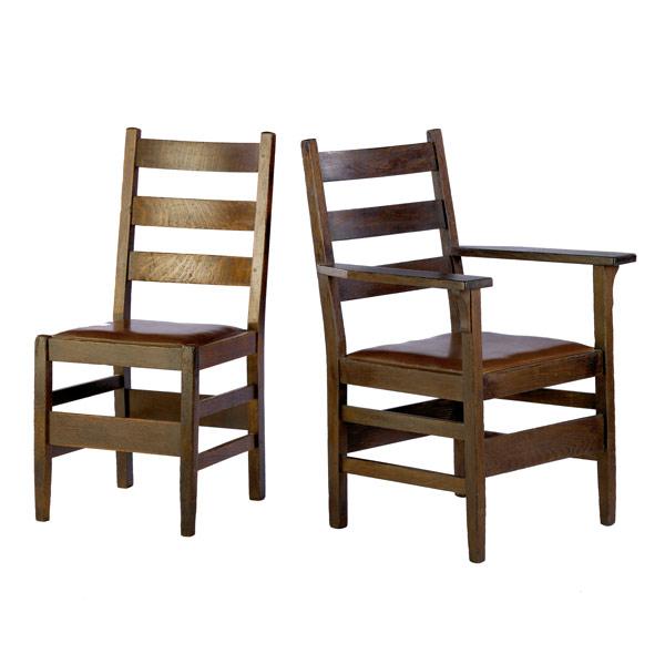 Appraisal: GUSTAV STICKLEY Matching ladderback arm and side-chairs with drop-in leatherette