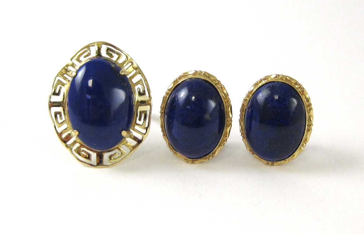 Appraisal: THREE ARTICLES OF LAPIS LAZULI JEWELRY including a pair of