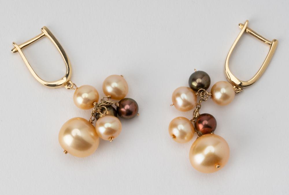 Appraisal: PAIR OF YELLOW GOLD MULTI-COLOR PEARL EARRINGSconsisting of spherical drilled