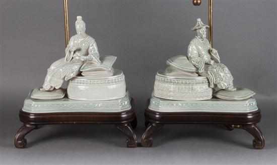 Appraisal: Pair of Chinese style celadon porcelain figures mounted as lamps