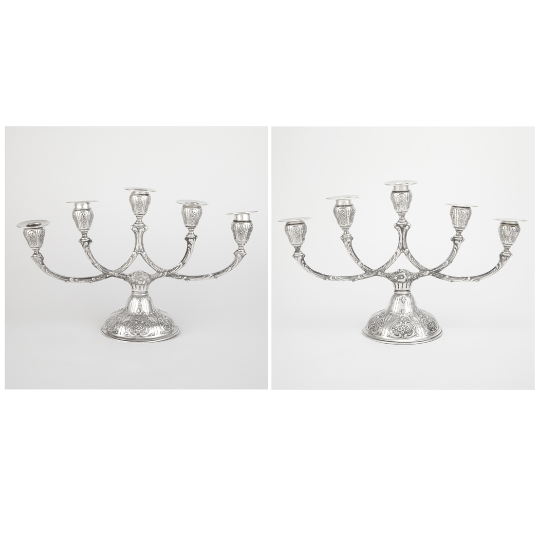 Appraisal: Pair of Continental Silver Five-Light Candelabra Early th century Each