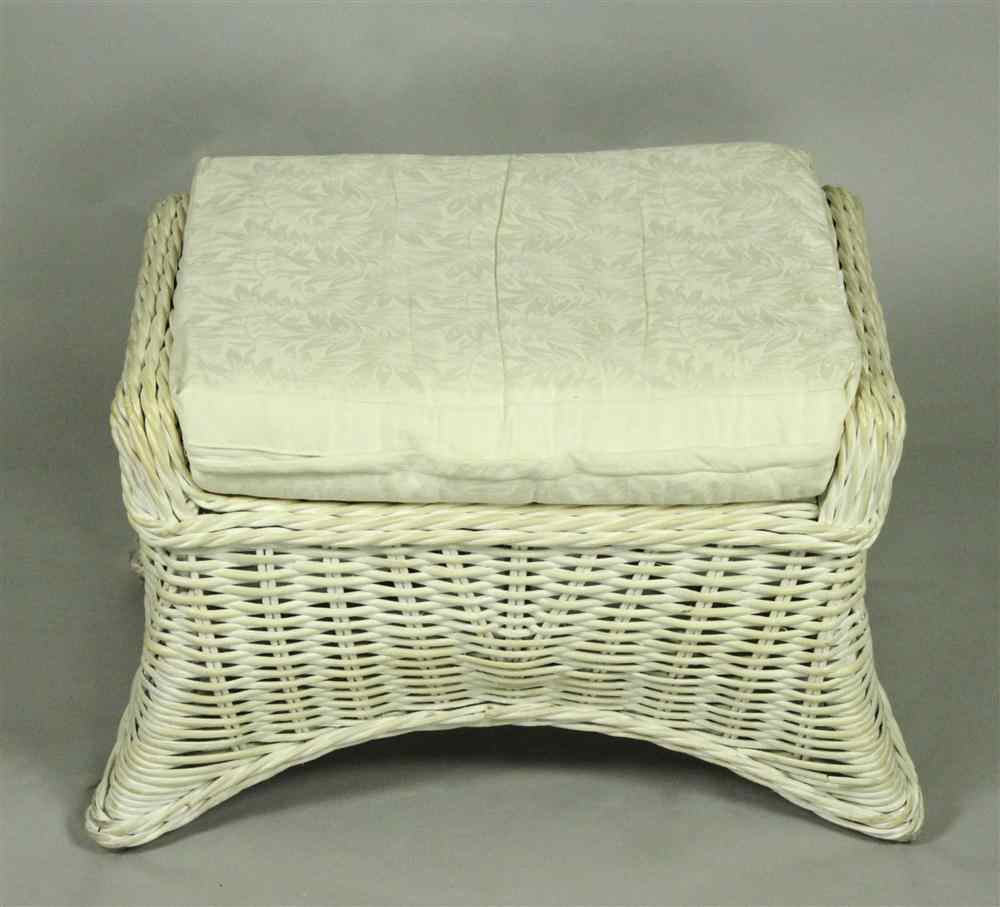 Appraisal: WICKER STOOL WITH CUSHION rectangular wicker stool with conforming cushion