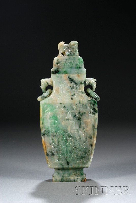 Appraisal: Jadeite Vase China th th century pale green stone with