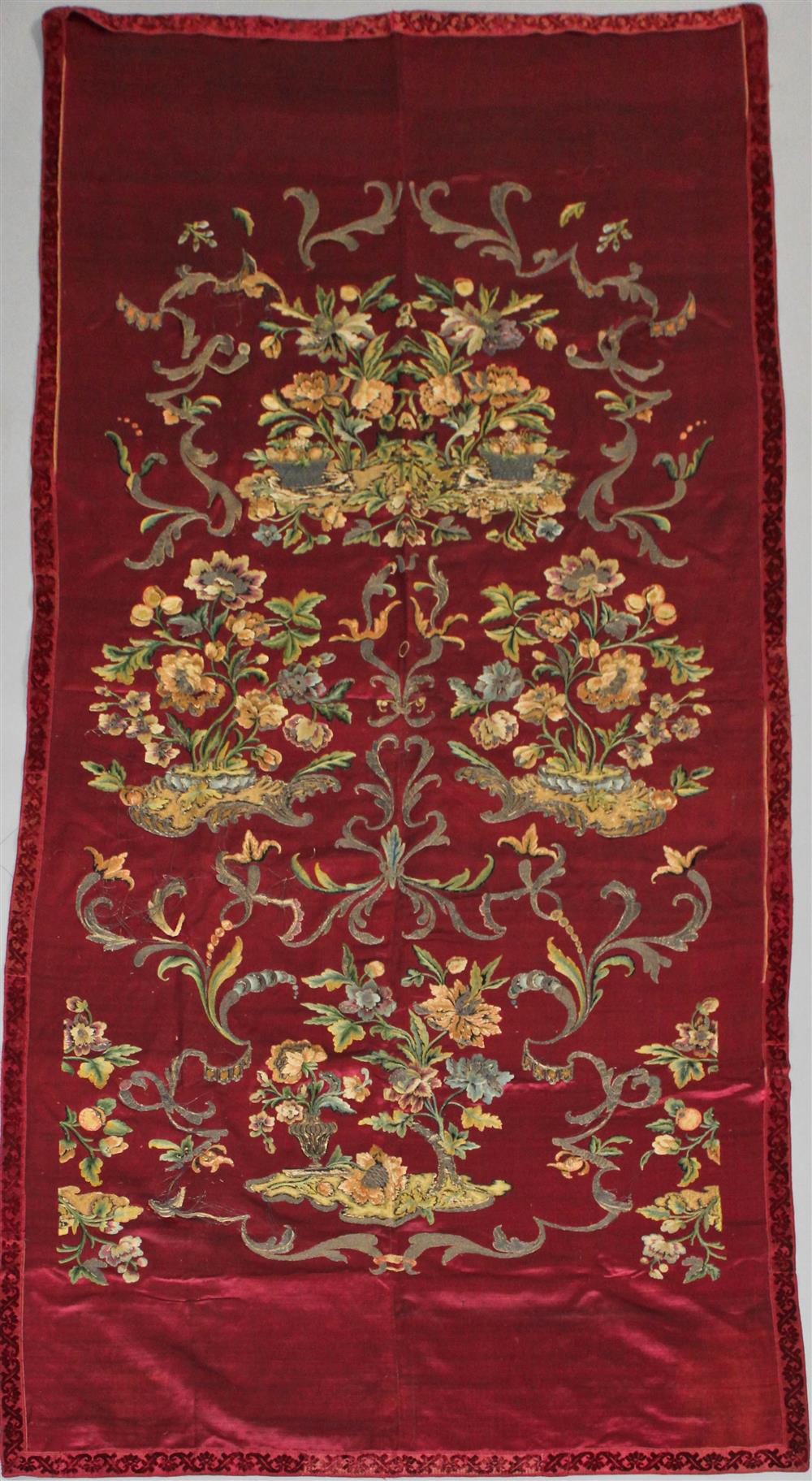 Appraisal: CONTINENTAL EMBROIDERED APPLIQUE HANGING ON CRIMSON VELVET CIRCA probably French