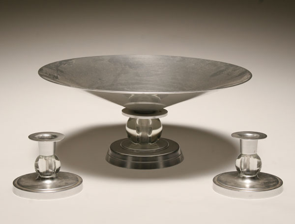 Appraisal: Kensington Stratford Art Deco aluminum console bowl and candlesticks by