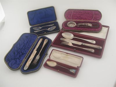 Appraisal: Five various cased sets a souvenir teaspoon a late Victoria