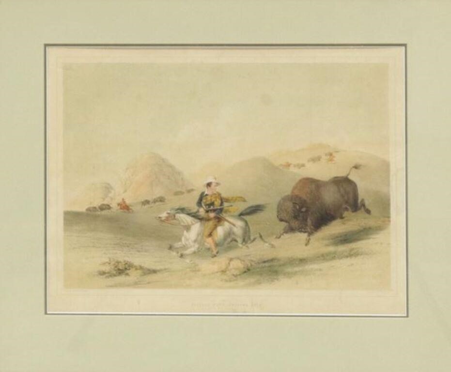 Appraisal: Framed lithograph with hand coloring on paper Buffalo Hunt Chasing