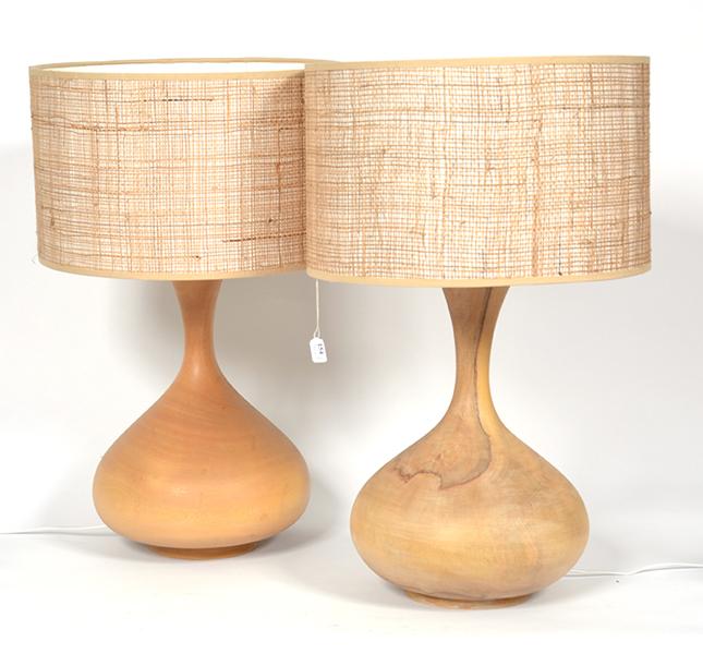 Appraisal: PAIR OF TURNED TIMBER LAMPS EACH WITH SHADES PAIR OF