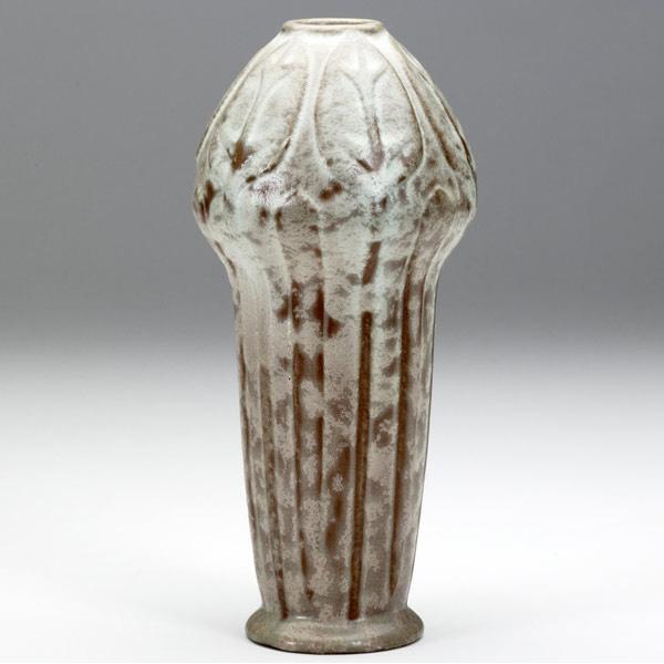 Appraisal: VAN BRIGGLE Bulbous vase embossed with leaves and covered in