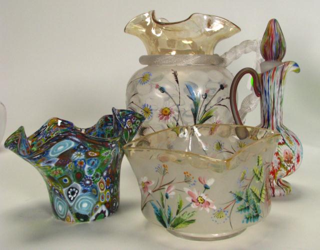 Appraisal: Group of Enamel Decorated Glass including frosted '' pitcher with