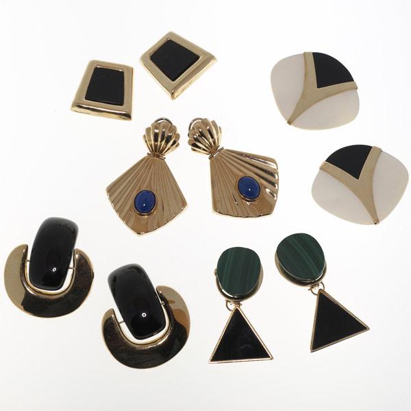 Appraisal: GOLD HARDSTONE EARRINGS Six pairs in k ca Lapis malachite