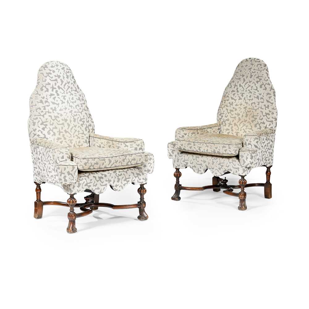 Appraisal: PAIR OF WILLIAM AND MARY STYLE UPHOLSTERED WALNUT ARMCHAIRS LATE