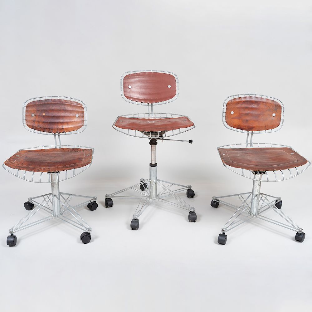 Appraisal: Three Leather and Galvanized Steel 'Beaubourg' Desk Chairs Designed by