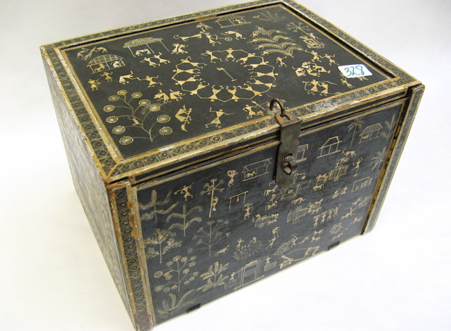 Appraisal: EAST INDIAN WOOD SPICE BOX painted with ivory figures and