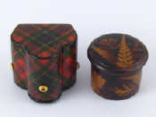 Appraisal: A Tartan ware trefoil shaped thread box with reels and