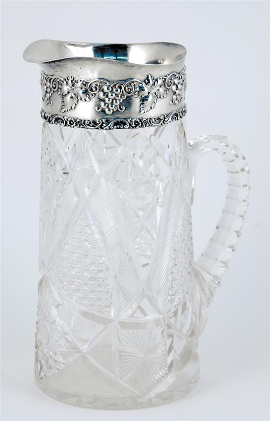 Appraisal: American sterling-mounted cut-crystal beverage pitcher grapevine chased rim and spout