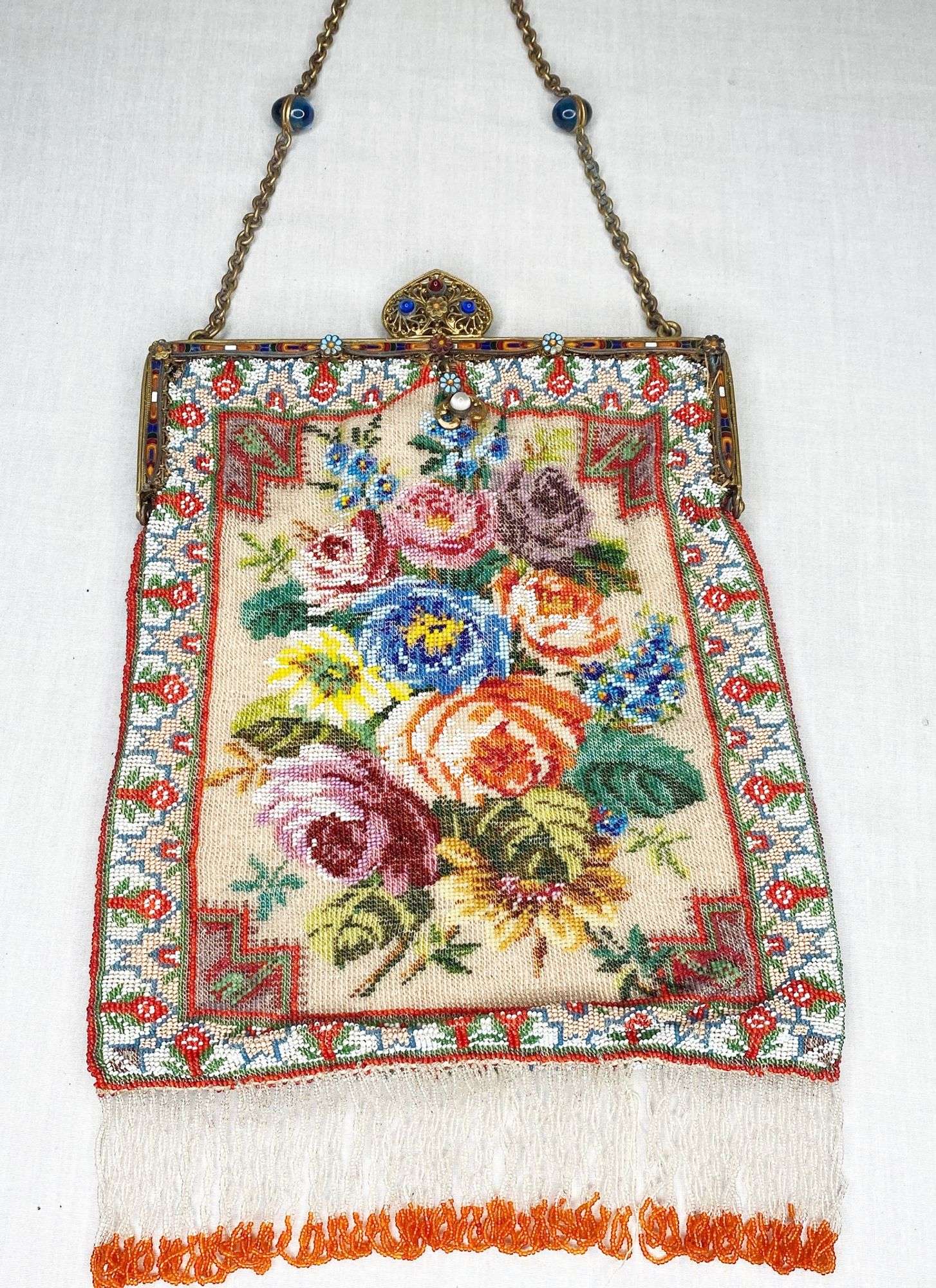 Appraisal: Micro Beaded Floral Purse with Jeweled and Enameled Frame long