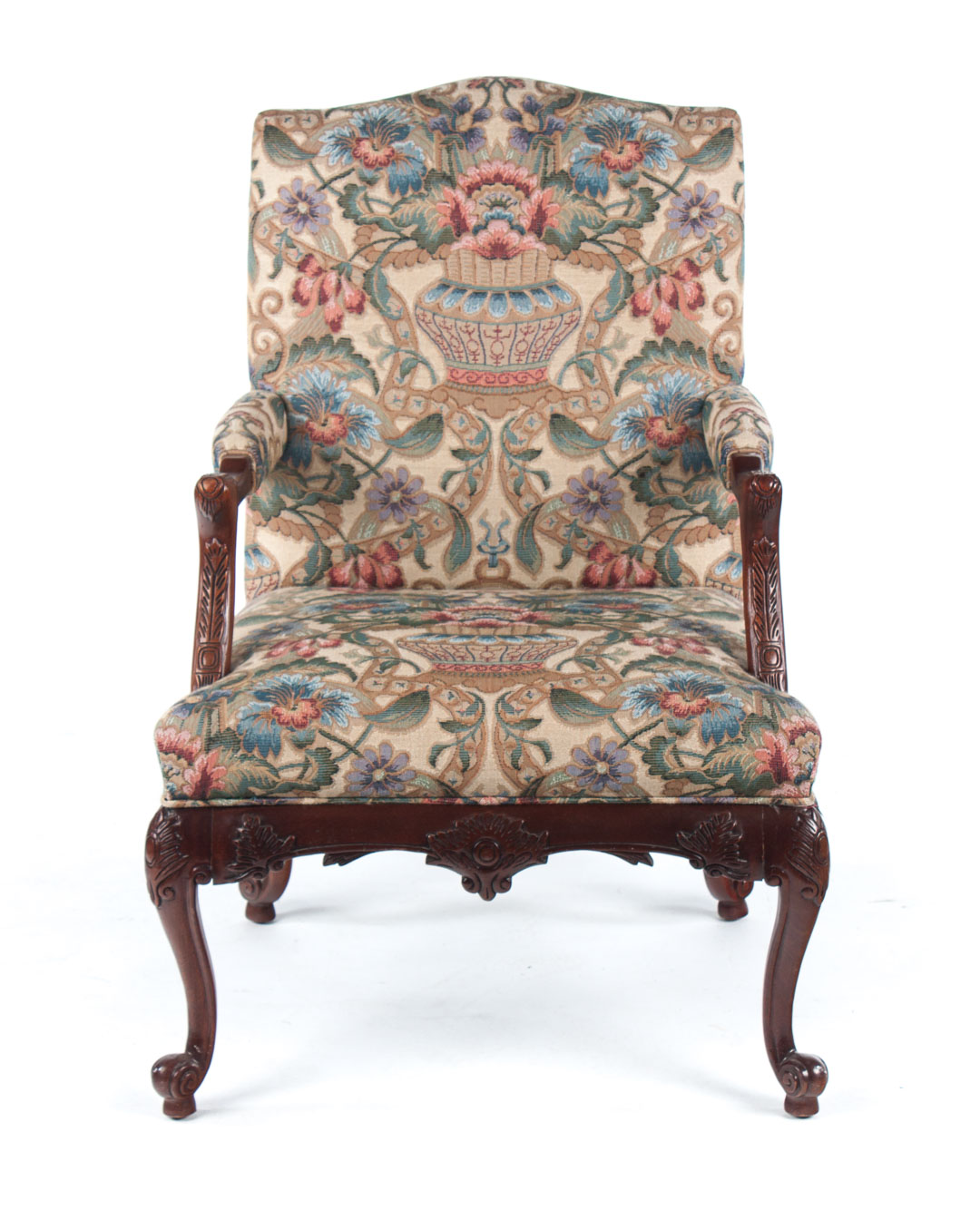 Appraisal: George III style mahogany lolling chair th century tapestry upholstered