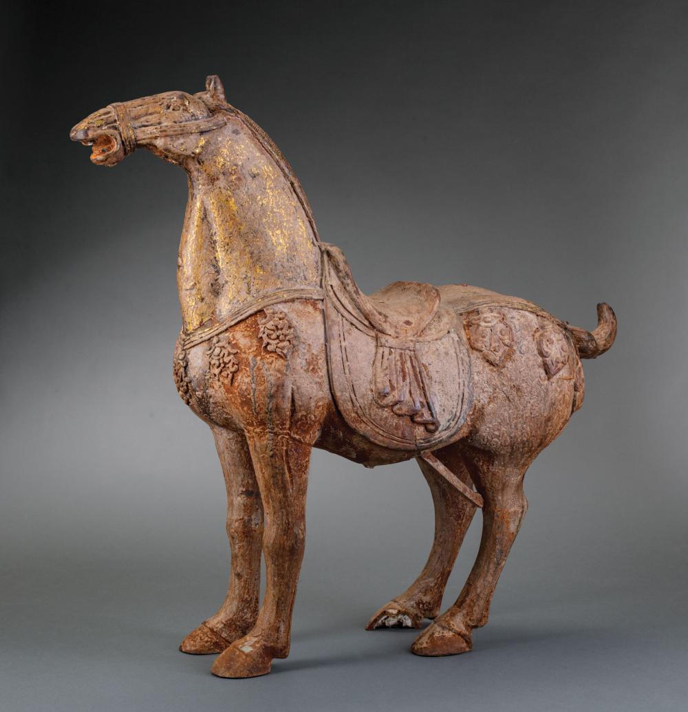 Appraisal: Chinese Partial Gilt Decorated Iron Tang-Style Horse caparisoned figure standing