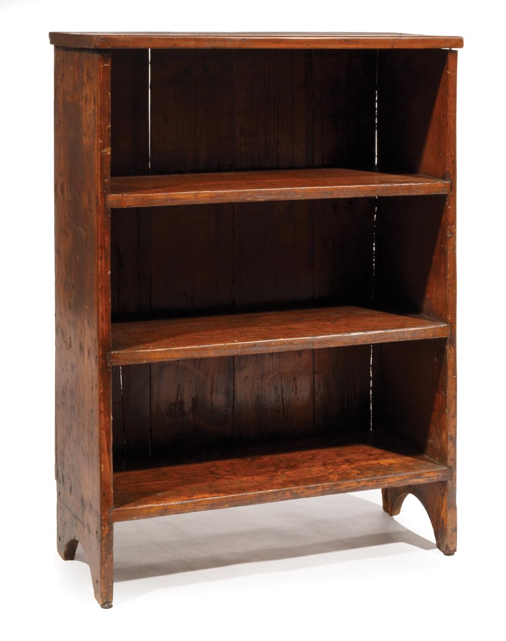 Appraisal: American Stained Pine Open Bookcase th c three shelves plank