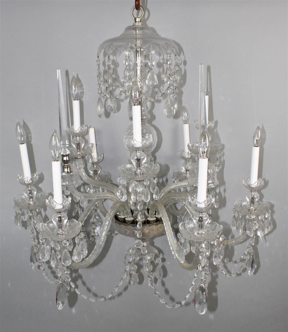 Appraisal: LARGE CUT GLASS NINE LIGHT CHANDELIER two graduated tiers of