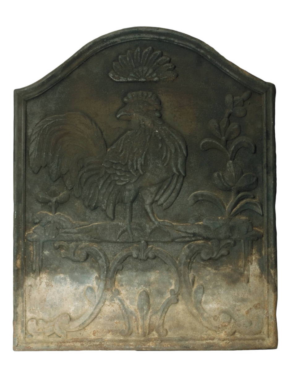 Appraisal: CAST IRON FIREBACK WITH ROOSTER DECORATION Of tombstone form with