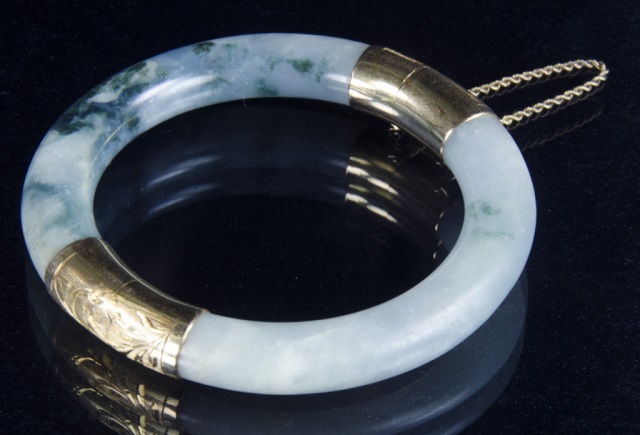 Appraisal: Jade Bangle Bracelet with K Gold Fittings overall Dia