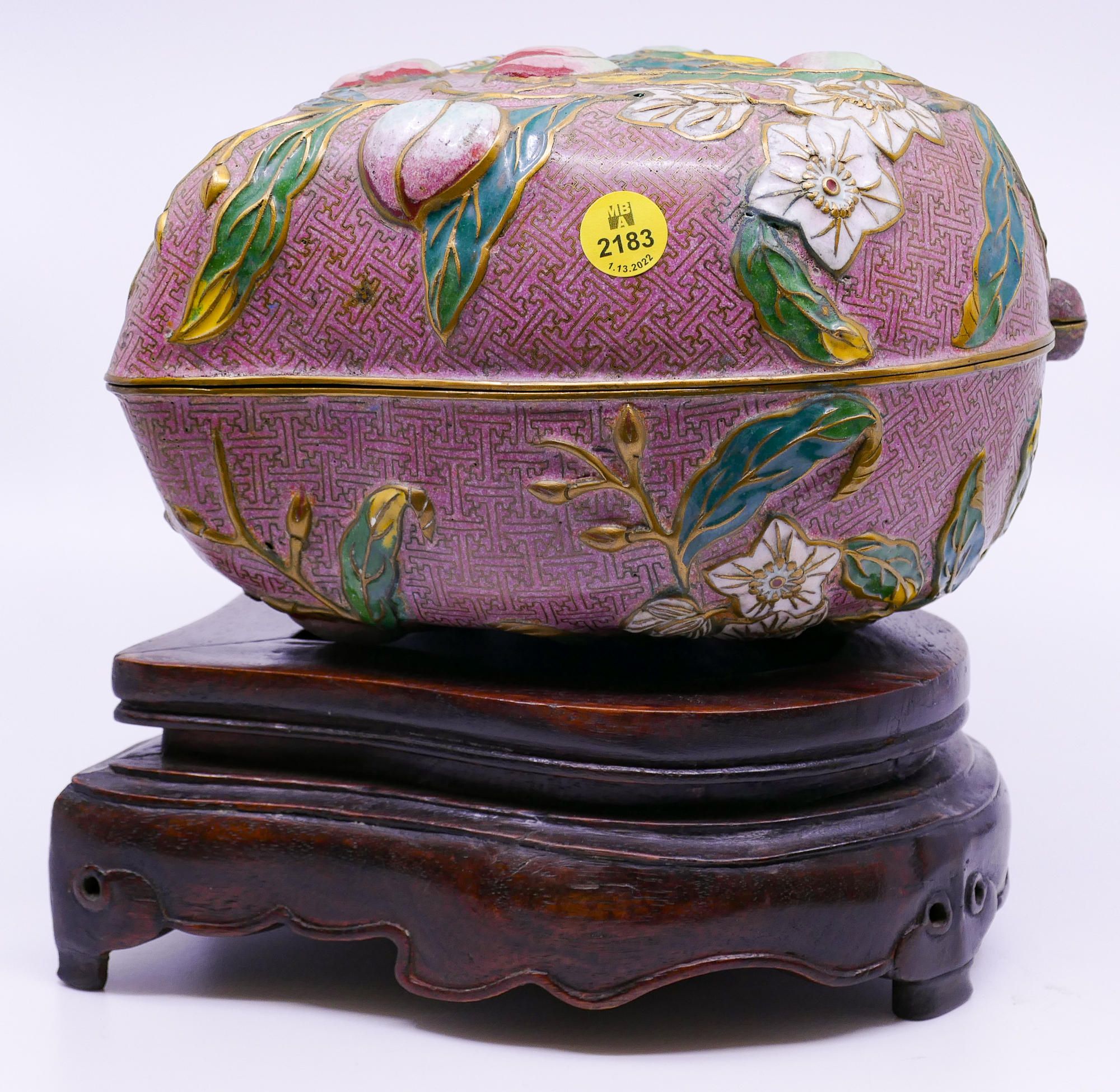 Appraisal: Old Chinese Cloisonne Figural Peach Box on Stand- x ''