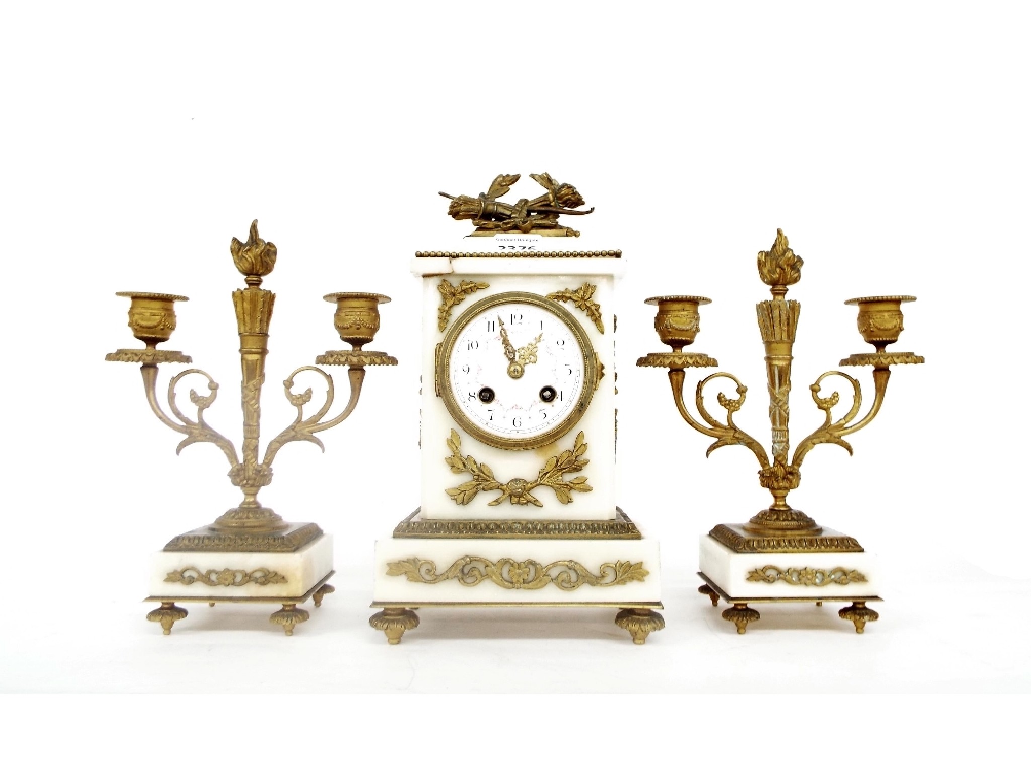 Appraisal: French white marble and brass mounted two train mantel clock