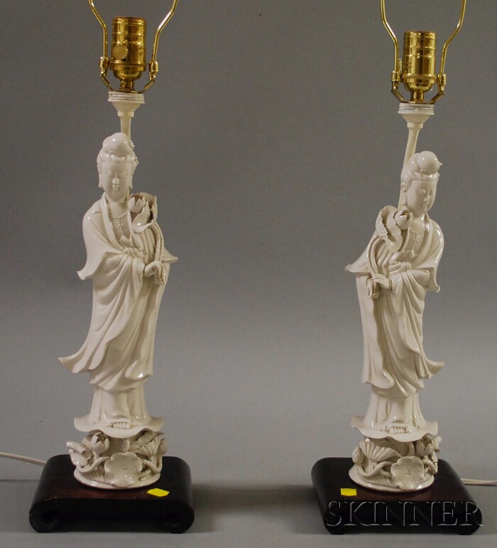 Appraisal: Pair of Blanc-de-chine Guan Yin Figures Table Lamps figure ht