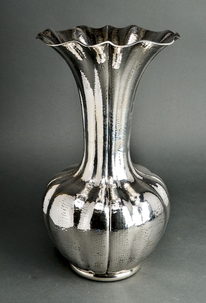 Appraisal: Large Continental Silver Hammered Lobed Vase Large Continental silver lobed