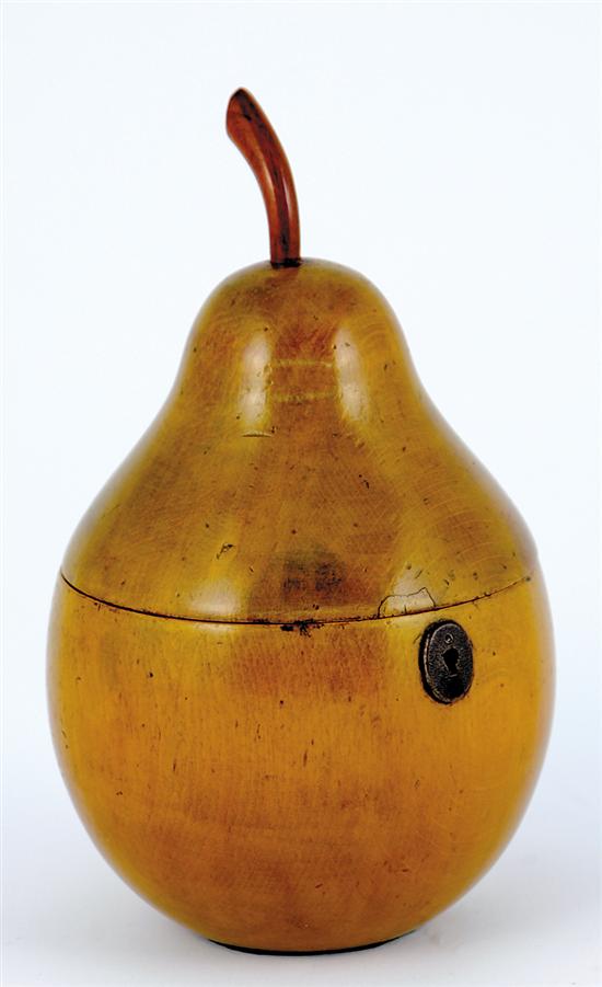 Appraisal: Georgian style turned fruitwood pear-form tea caddy carved stem and