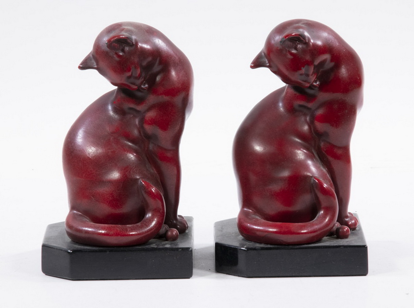 Appraisal: PR VINTAGE CAT BOOKENDS Pair of Red Enameled Metal Seated