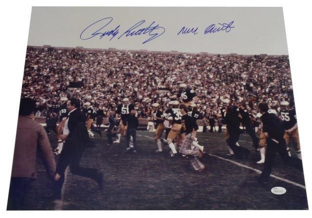 Appraisal: Unframed Rudy Ruettiger Notre Dame football print inscribed Never Quit