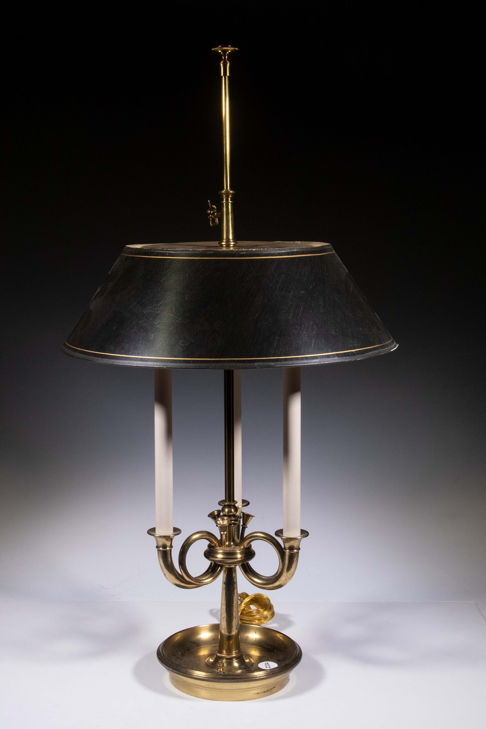 Appraisal: HEAVY BRASS DESK LAMP Three Stem Hunting Horn Themed Brass