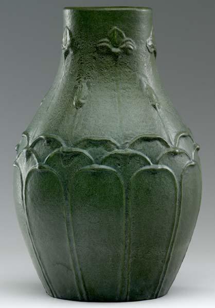 Appraisal: GRUEBY Early and large bulbous vase decorated with alternating trefoils