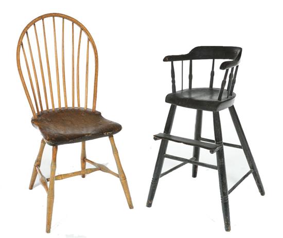 Appraisal: TWO WINDSOR CHAIRS American mixed woods Includes a bowback sidechair