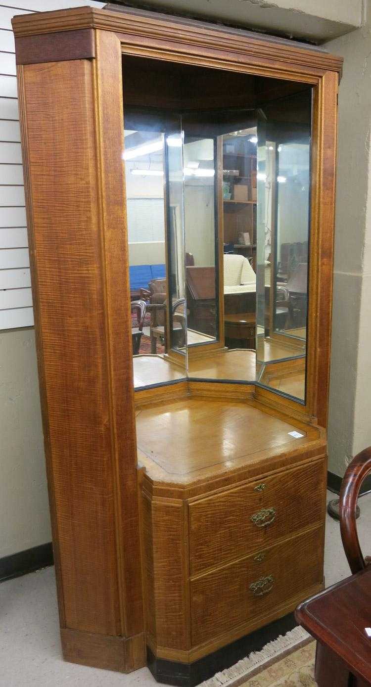 Appraisal: MAHOGANY AND RIBBON MAPLE CORNER CABINET English late th century