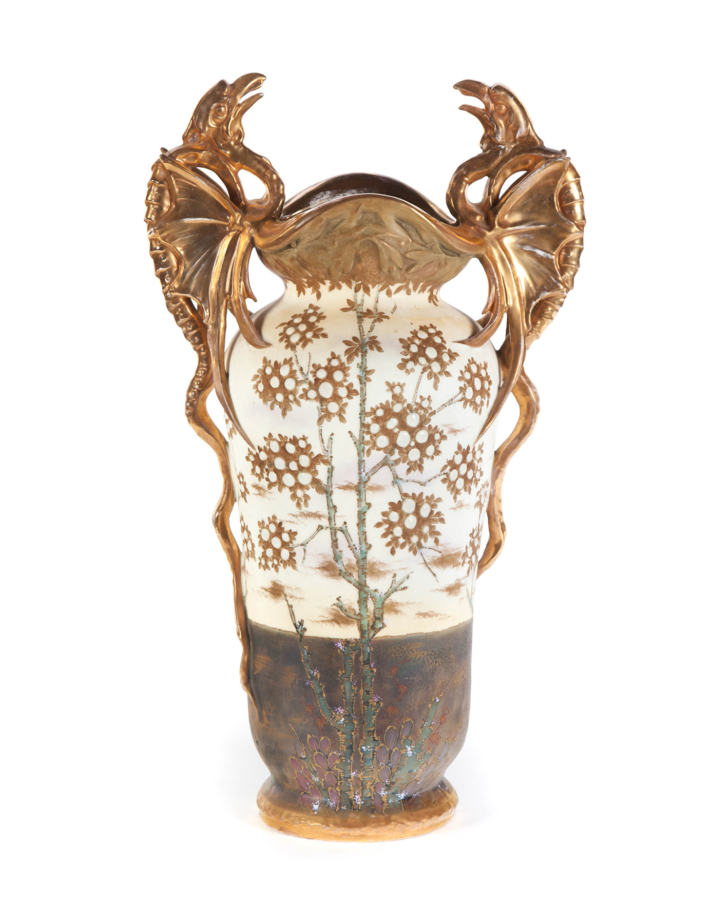 Appraisal: AMPHORA VASE WITH DRAGON HANDLES Austria ca Heavily applied enameling