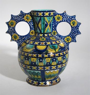 Appraisal: A Cantagalli twin-handled vase painted with geometric panels and flowerheads