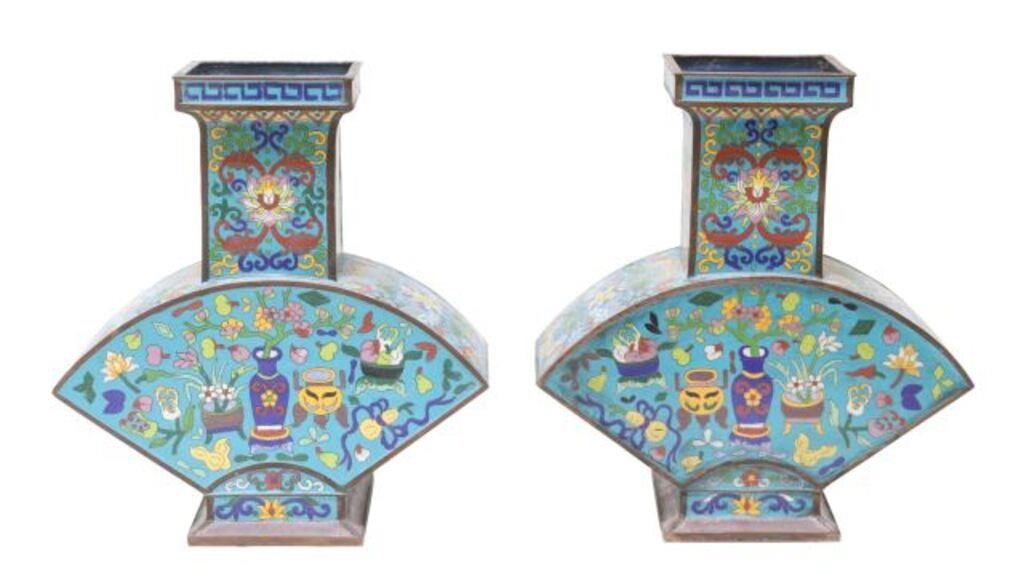 Appraisal: pair Chinese cloisonne fan-form vases having flared rim with meander